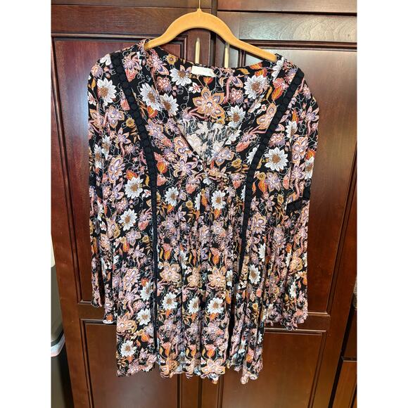 Alter'd State Black Floral Mini Bell Sleeve Boho Dress Size L - Picture 7 of 12